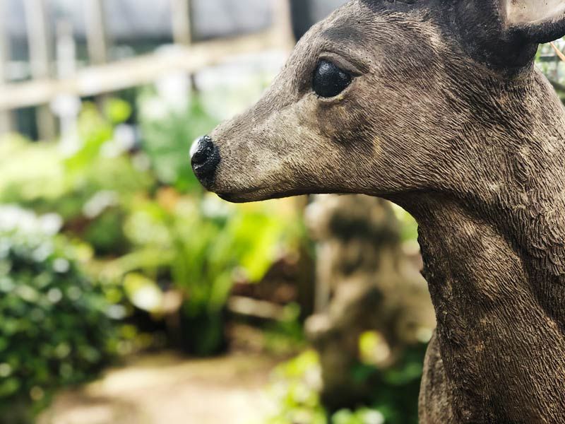 Realistic deer statuette in the garden shop.